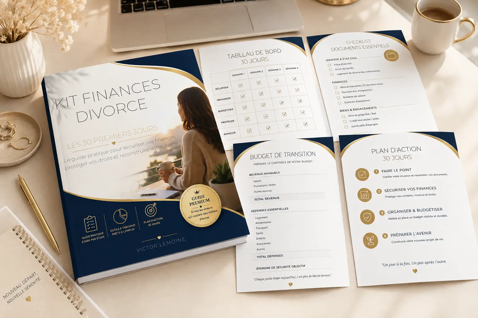 Documents financiers organisés sur un bureau avec un carnet et un ordinateur portable